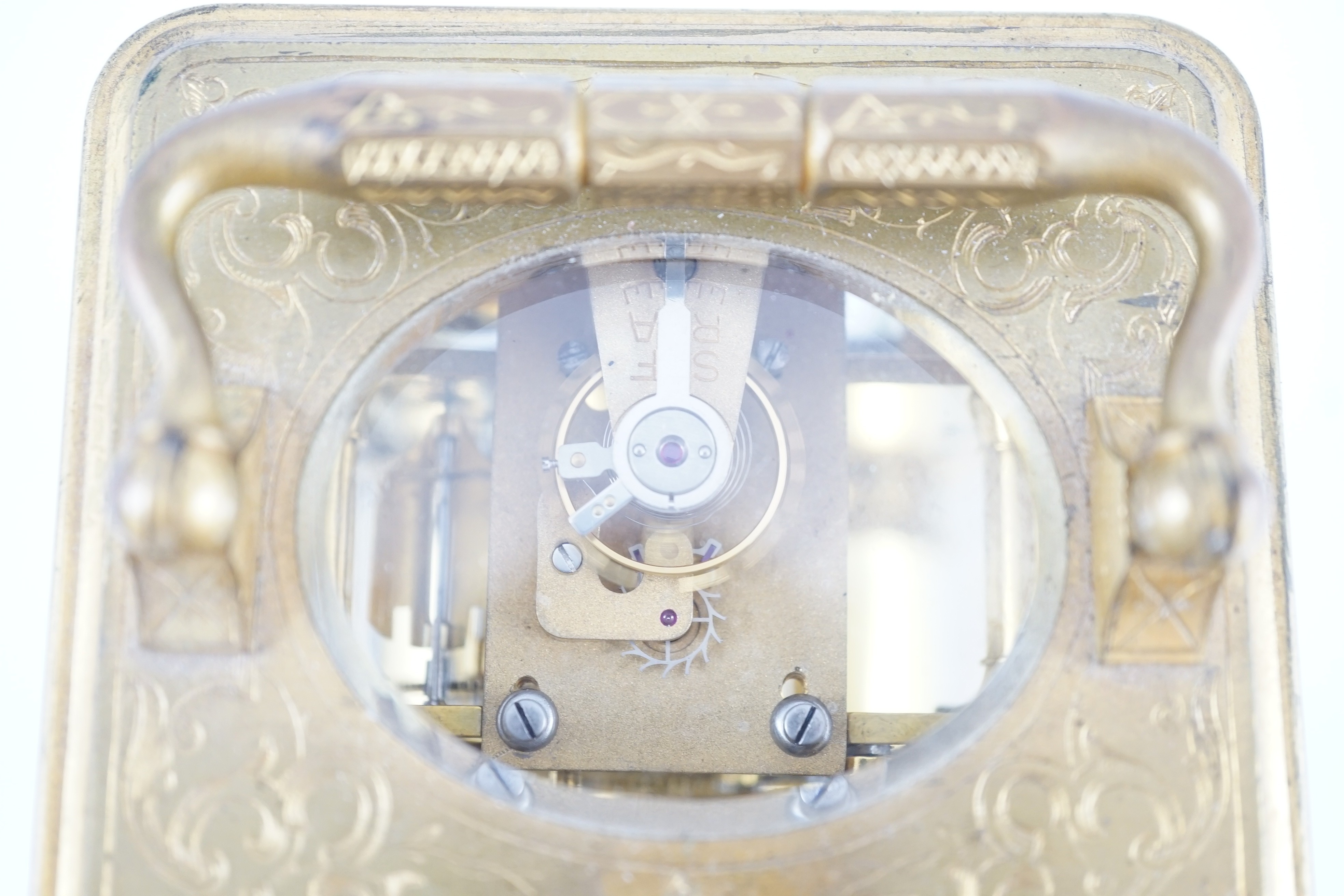 A late 19th century French gilt brass repeating carriage clock, width 8cm depth 7.5cm height 13cm